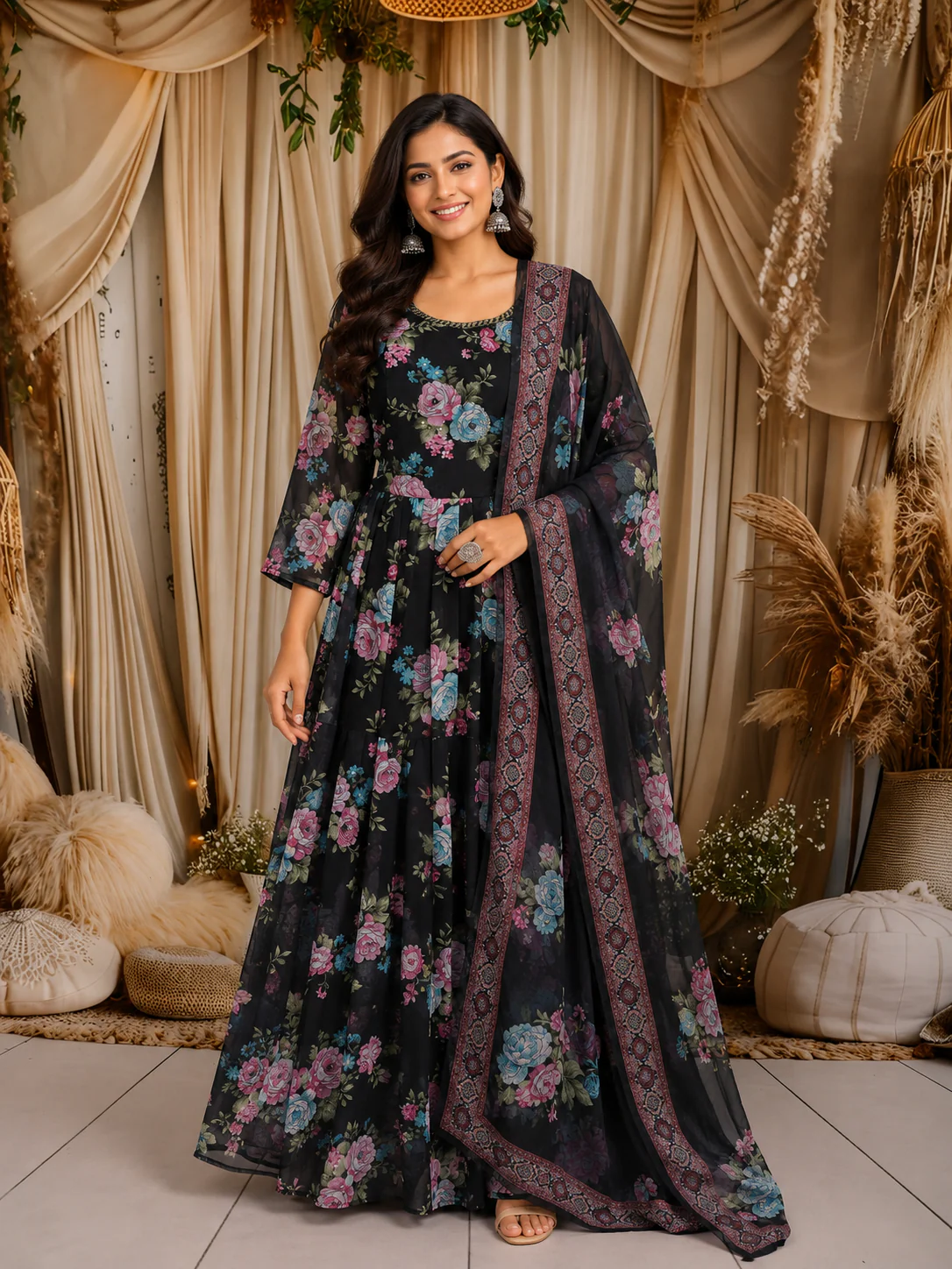 Classic Black Floral Printed Design Chiffon Anarkali Gown with Dupatta